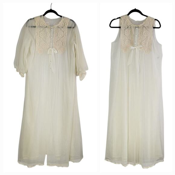 VTG Gossard Artemis Peignoir Set M Ivory Chiffon Nightgown Robe Lace Victorian - Picture 1 of 15